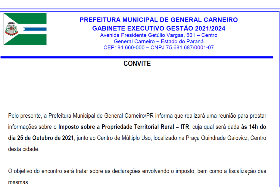 Convite para Reunião sobre o ITR