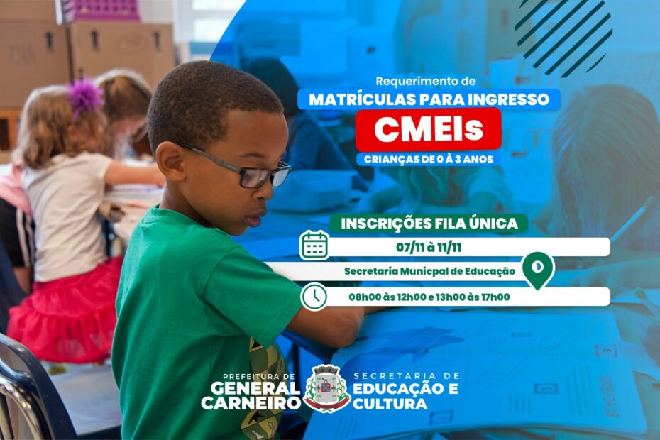 Matrículas para ingresso nos CMEIs de General Carneiro estarão abertas em novembro. Confira mais informações: